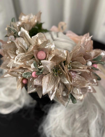 Sugarplum Pink & Gold Holiday Garland | Christmas Poinsettia Crown, Glittering Winter Halo, Festive Fairy Tiara, Photoshoot Headpiece
