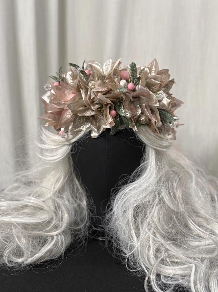 Sugarplum Pink & Gold Holiday Garland | Christmas Poinsettia Crown, Glittering Winter Halo, Festive Fairy Tiara, Photoshoot Headpiece