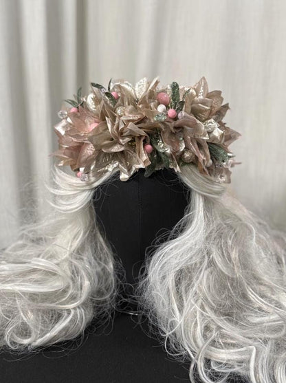 Sugarplum Pink & Gold Holiday Garland | Christmas Poinsettia Crown, Glittering Winter Halo, Festive Fairy Tiara, Photoshoot Headpiece