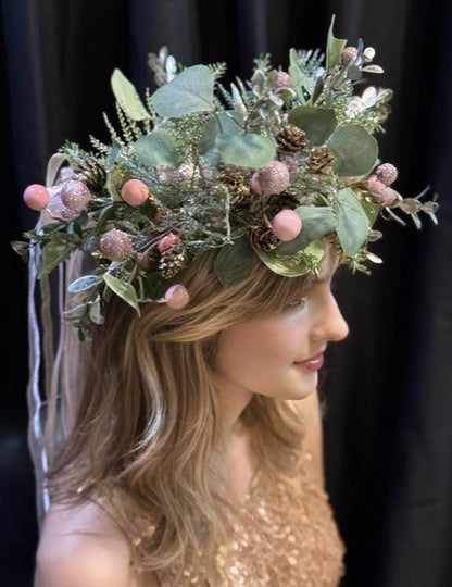 Frosted Eucalyptus Holiday Garland | Pink & Gold Christmas Crown, Woodland Winter Halo, Sparkling Eucalyptus Tiara, Festive Fairy Headpiece