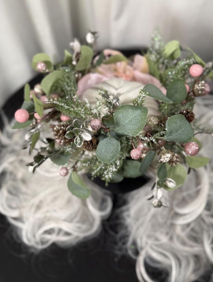 Frosted Eucalyptus Holiday Garland | Pink & Gold Christmas Crown, Woodland Winter Halo, Sparkling Eucalyptus Tiara, Festive Fairy Headpiece