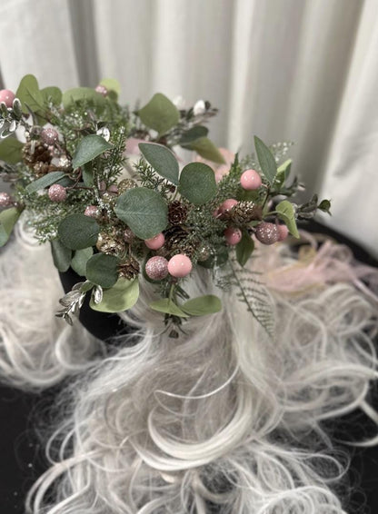 Frosted Eucalyptus Holiday Garland | Pink & Gold Christmas Crown, Woodland Winter Halo, Sparkling Eucalyptus Tiara, Festive Fairy Headpiece