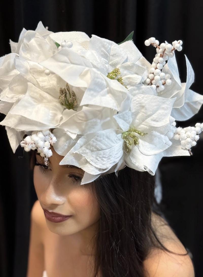 Snowpetal Winter White Poinsettia Garland | Snowy Christmas Crown, White Holiday Halo, Ice Queen Headpiece, Winter Wedding Floral Tiara