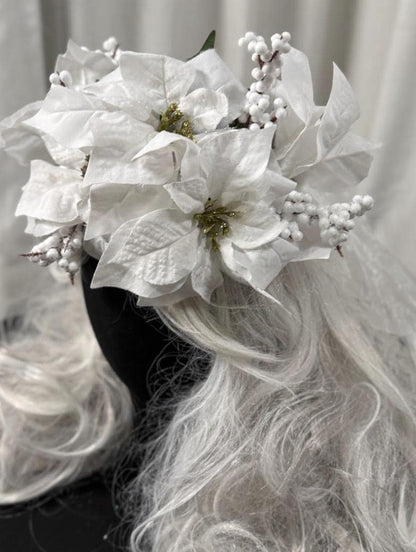 Snowpetal Winter White Poinsettia Garland | Snowy Christmas Crown, White Holiday Halo, Ice Queen Headpiece, Winter Wedding Floral Tiara