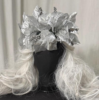 Silver Solstice Poinsettia Garland | Sparkling Silver Christmas Crown, Winter Gala Halo, Ice Queen Tiara, Holiday Photoshoot Headpiece