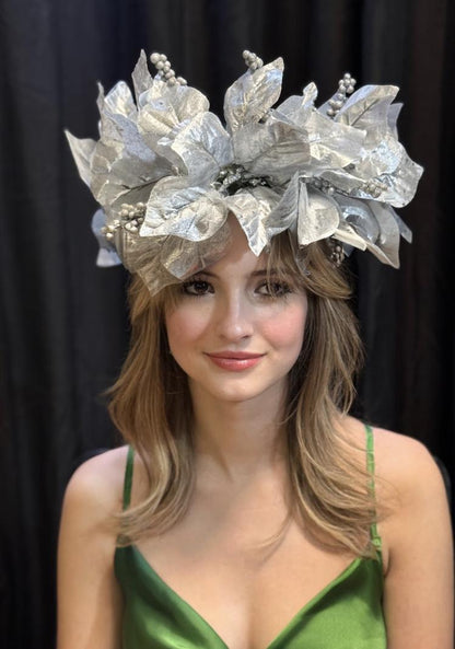 Silver Solstice Poinsettia Garland | Sparkling Silver Christmas Crown, Winter Gala Halo, Ice Queen Tiara, Holiday Photoshoot Headpiece