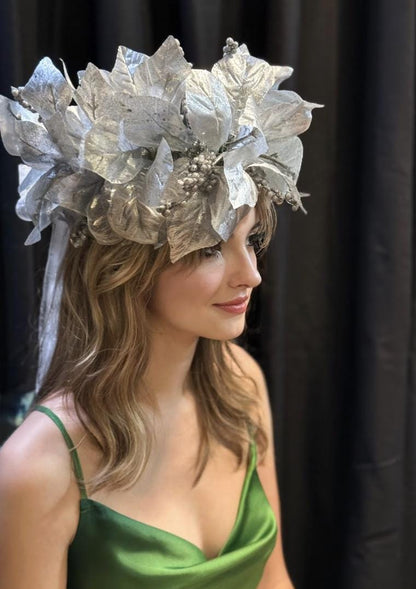 Silver Solstice Poinsettia Garland | Sparkling Silver Christmas Crown, Winter Gala Halo, Ice Queen Tiara, Holiday Photoshoot Headpiece
