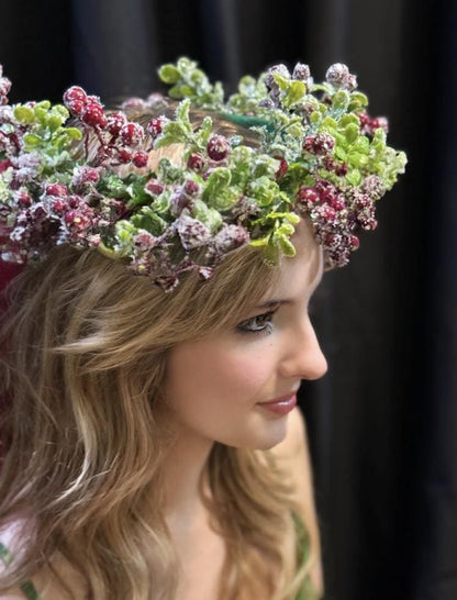 Cranberry Frost Winter Berry Garland | Frosted Red Berry Crown, Christmas Woodland Halo, Snow-Kissed Headpiece, Winter Photoshoot Tiara