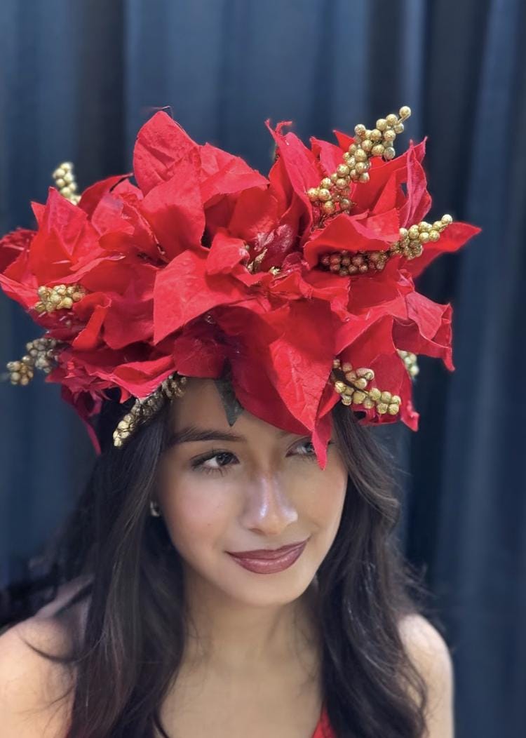 Hollyflare Red Poinsettia Holiday Garland | Classic Christmas Crown, Red & Gold Winter Halo, Festive Floral Tiara, Photoshoot Headpiece