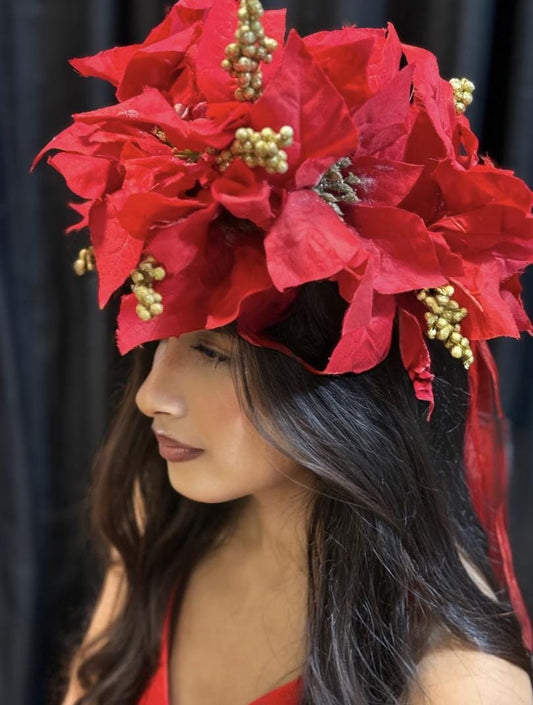 Hollyflare Red Poinsettia Holiday Garland | Classic Christmas Crown, Red & Gold Winter Halo, Festive Floral Tiara, Photoshoot Headpiece