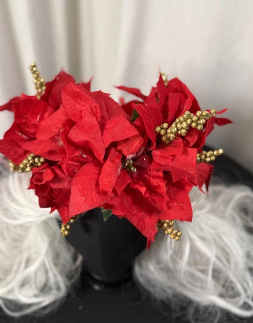 Hollyflare Red Poinsettia Holiday Garland | Classic Christmas Crown, Red & Gold Winter Halo, Festive Floral Tiara, Photoshoot Headpiece