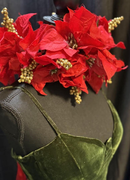 Hollyflare Red Poinsettia Holiday Garland | Classic Christmas Crown, Red & Gold Winter Halo, Festive Floral Tiara, Photoshoot Headpiece