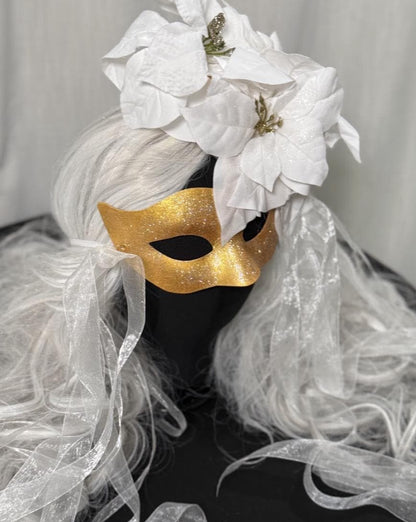 Snowfall Serenade Mask – Gold Masquerade Mask White Poinsettia Winter Bridal Mask Christmas Gala Costume