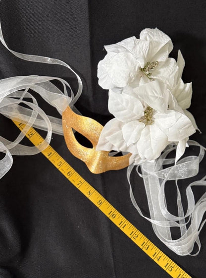 Snowfall Serenade Mask – Gold Masquerade Mask White Poinsettia Winter Bridal Mask Christmas Gala Costume