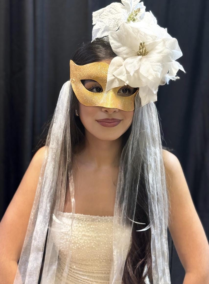 Snowfall Serenade Mask – Gold Masquerade Mask White Poinsettia Winter Bridal Mask Christmas Gala Costume