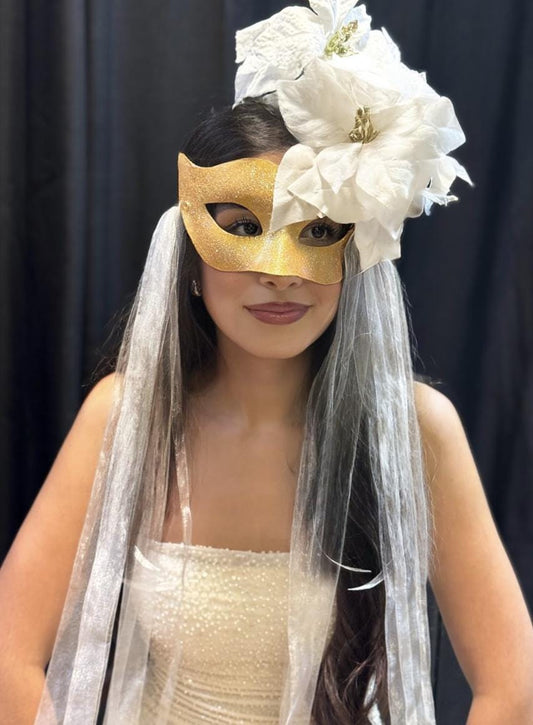 Snowfall Serenade Mask – Gold Masquerade Mask White Poinsettia Winter Bridal Mask Christmas Gala Costume