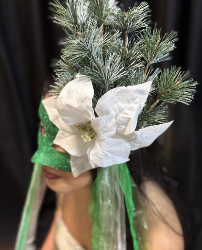 Evergreen Enchantress Mask – Green Glitter Winter Masquerade Mask with Poinsettia & Fir – Christmas Woodland Costume Mask