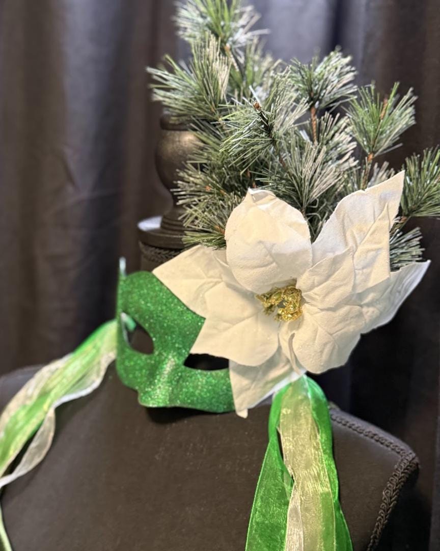 Evergreen Enchantress Mask – Green Glitter Winter Masquerade Mask with Poinsettia & Fir – Christmas Woodland Costume Mask