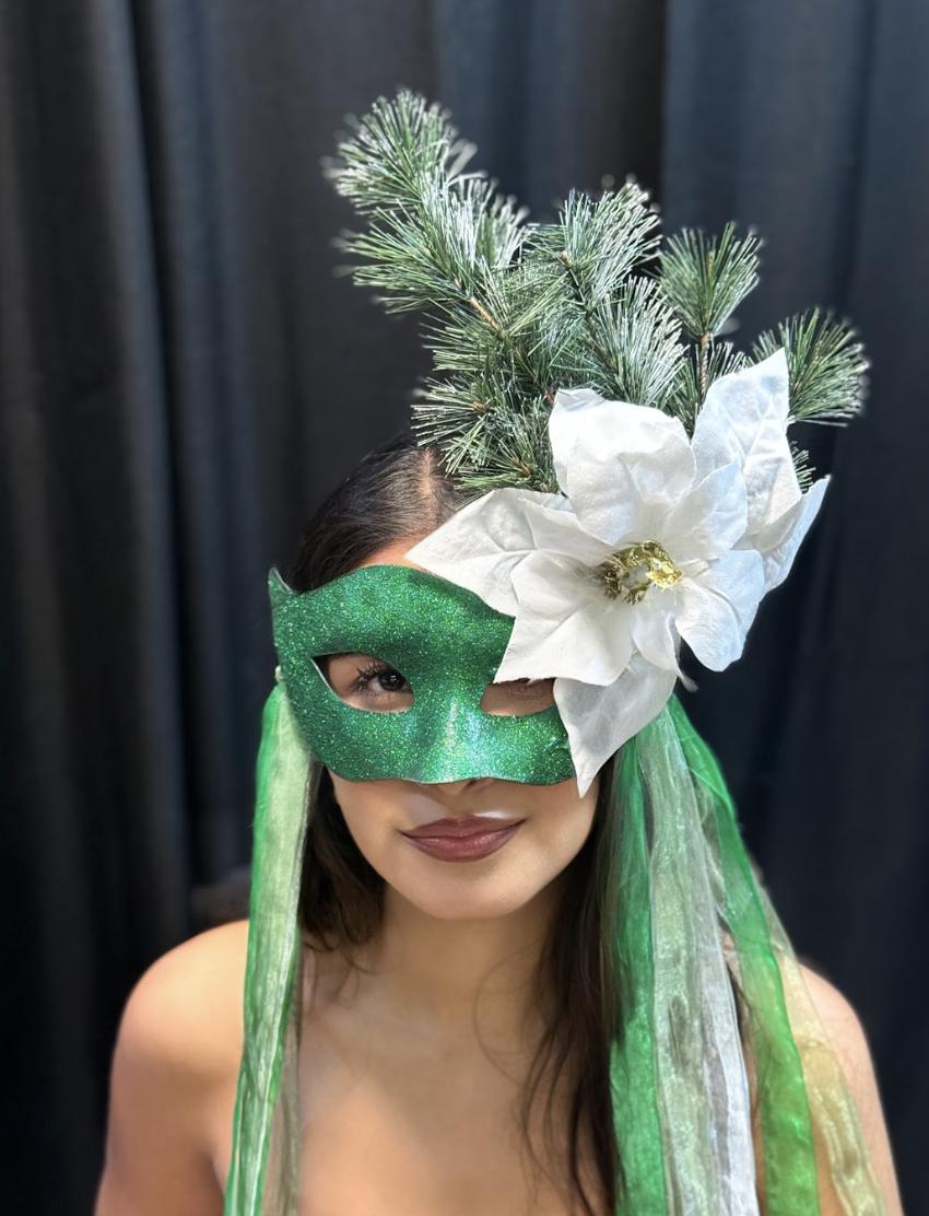 Evergreen Enchantress Mask – Green Glitter Winter Masquerade Mask with Poinsettia & Fir – Christmas Woodland Costume Mask