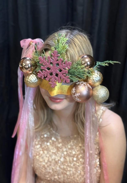 Sugarplum Spark Mask – Pink Gold Christmas Masquerade Mask – Holiday Ornament Snowflake Mask – Whimsical Winter Fairy Mask