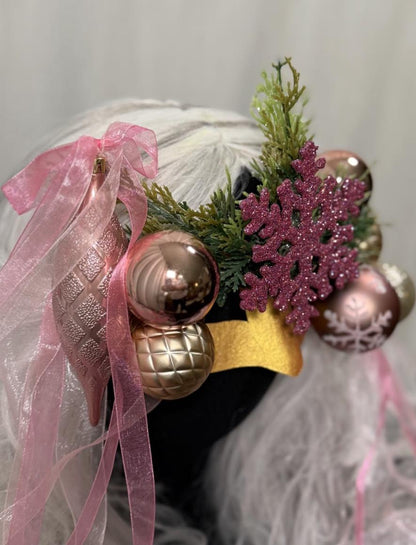 Sugarplum Spark Mask – Pink Gold Christmas Masquerade Mask – Holiday Ornament Snowflake Mask – Whimsical Winter Fairy Mask