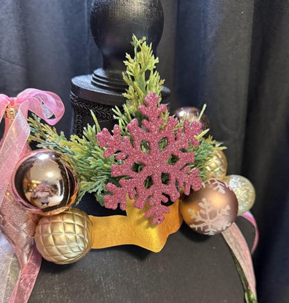 Sugarplum Spark Mask – Pink Gold Christmas Masquerade Mask – Holiday Ornament Snowflake Mask – Whimsical Winter Fairy Mask