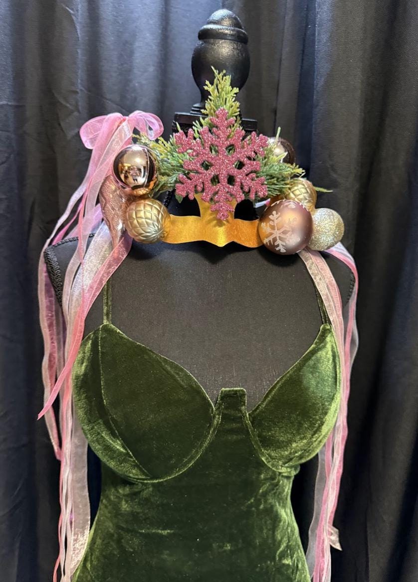 Sugarplum Spark Mask – Pink Gold Christmas Masquerade Mask – Holiday Ornament Snowflake Mask – Whimsical Winter Fairy Mask