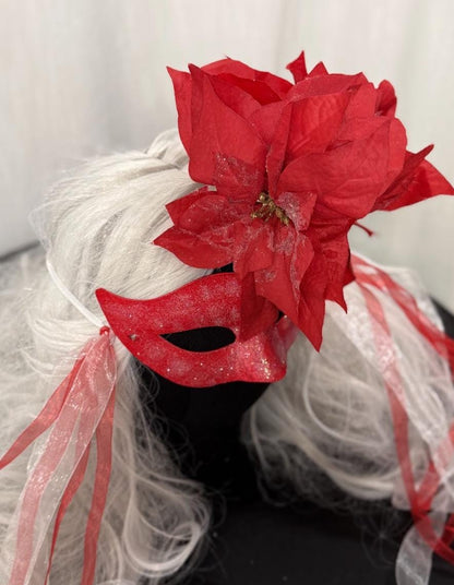 Poinsettia Inferno Mask – Red Glitter Poinsettia Masquerade Mask – Christmas Holiday Statement Costume Mask – Winter Gala Mask