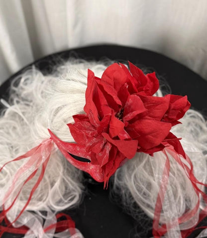 Poinsettia Inferno Mask – Red Glitter Poinsettia Masquerade Mask – Christmas Holiday Statement Costume Mask – Winter Gala Mask