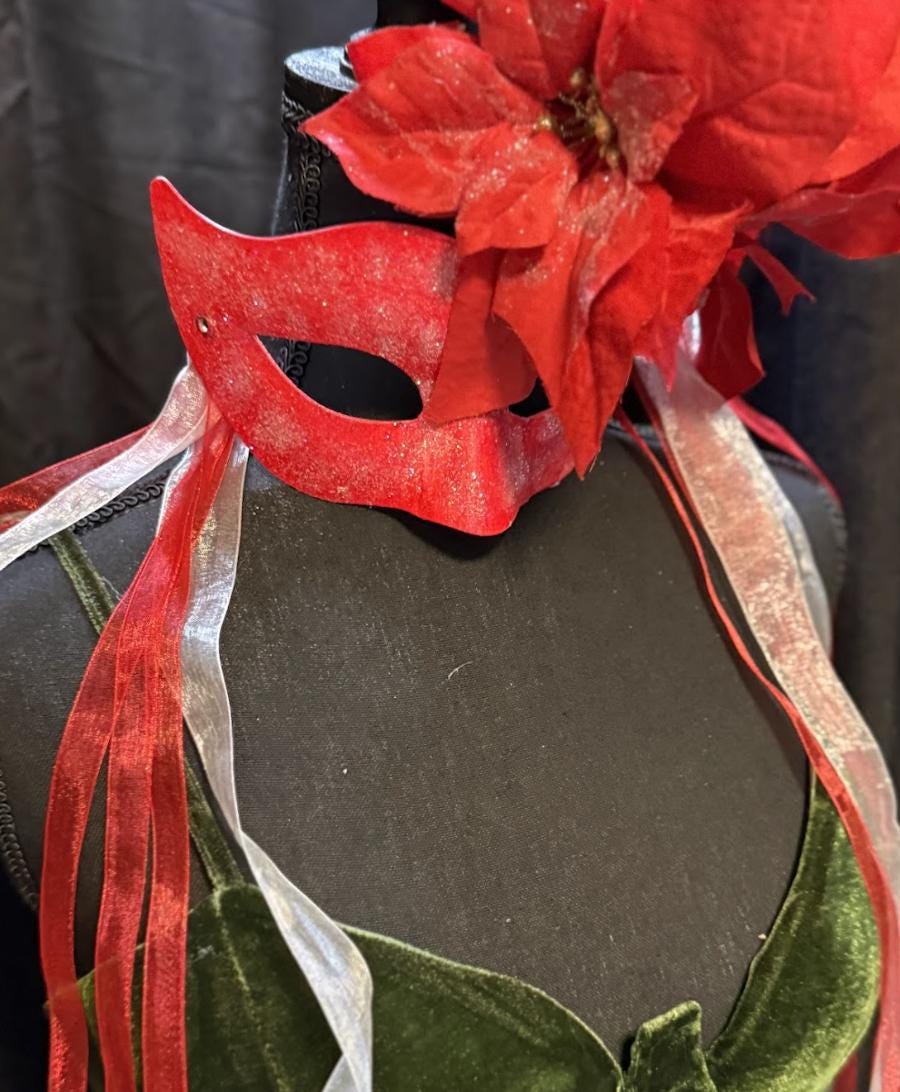 Poinsettia Inferno Mask – Red Glitter Poinsettia Masquerade Mask – Christmas Holiday Statement Costume Mask – Winter Gala Mask
