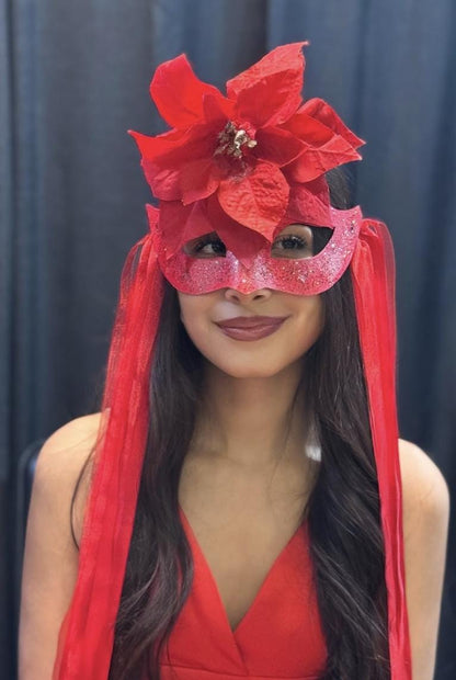 Scarlet Star Mask – Red Glitter Poinsettia Masquerade Mask – Christmas Holiday Gala Costume Mask – Elegant Winter Mask