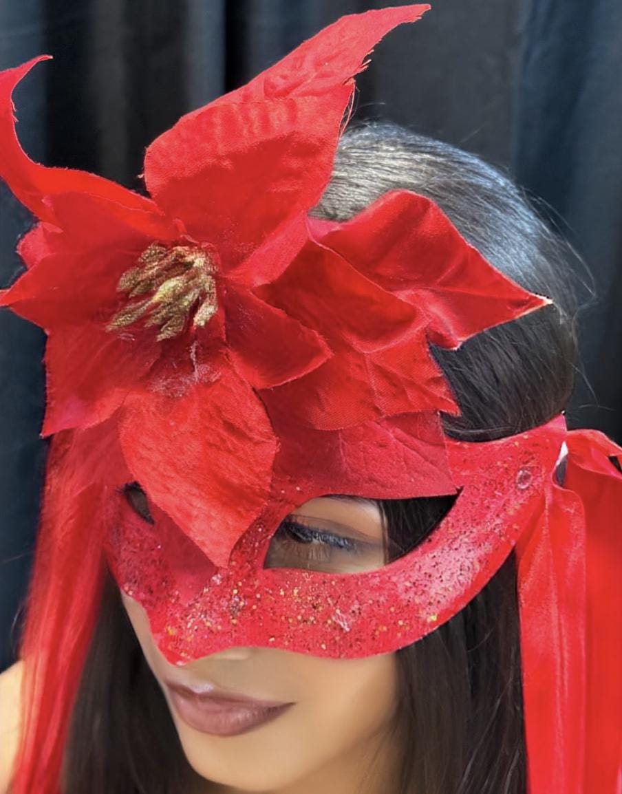Scarlet Star Mask – Red Glitter Poinsettia Masquerade Mask – Christmas Holiday Gala Costume Mask – Elegant Winter Mask