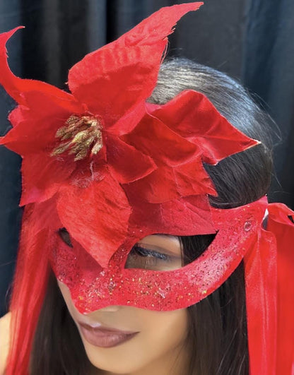 Scarlet Star Mask – Red Glitter Poinsettia Masquerade Mask – Christmas Holiday Gala Costume Mask – Elegant Winter Mask