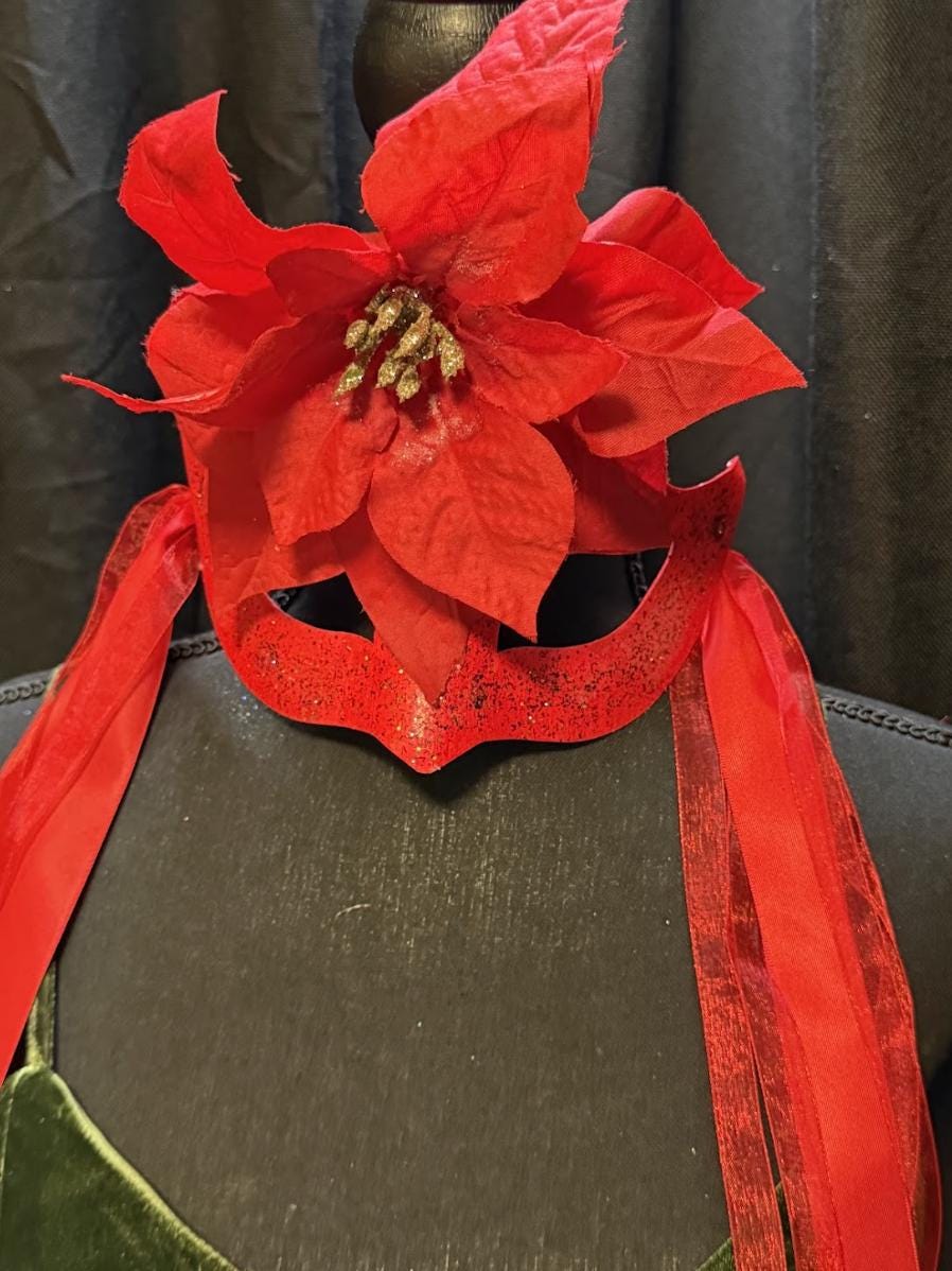 Scarlet Star Mask – Red Glitter Poinsettia Masquerade Mask – Christmas Holiday Gala Costume Mask – Elegant Winter Mask