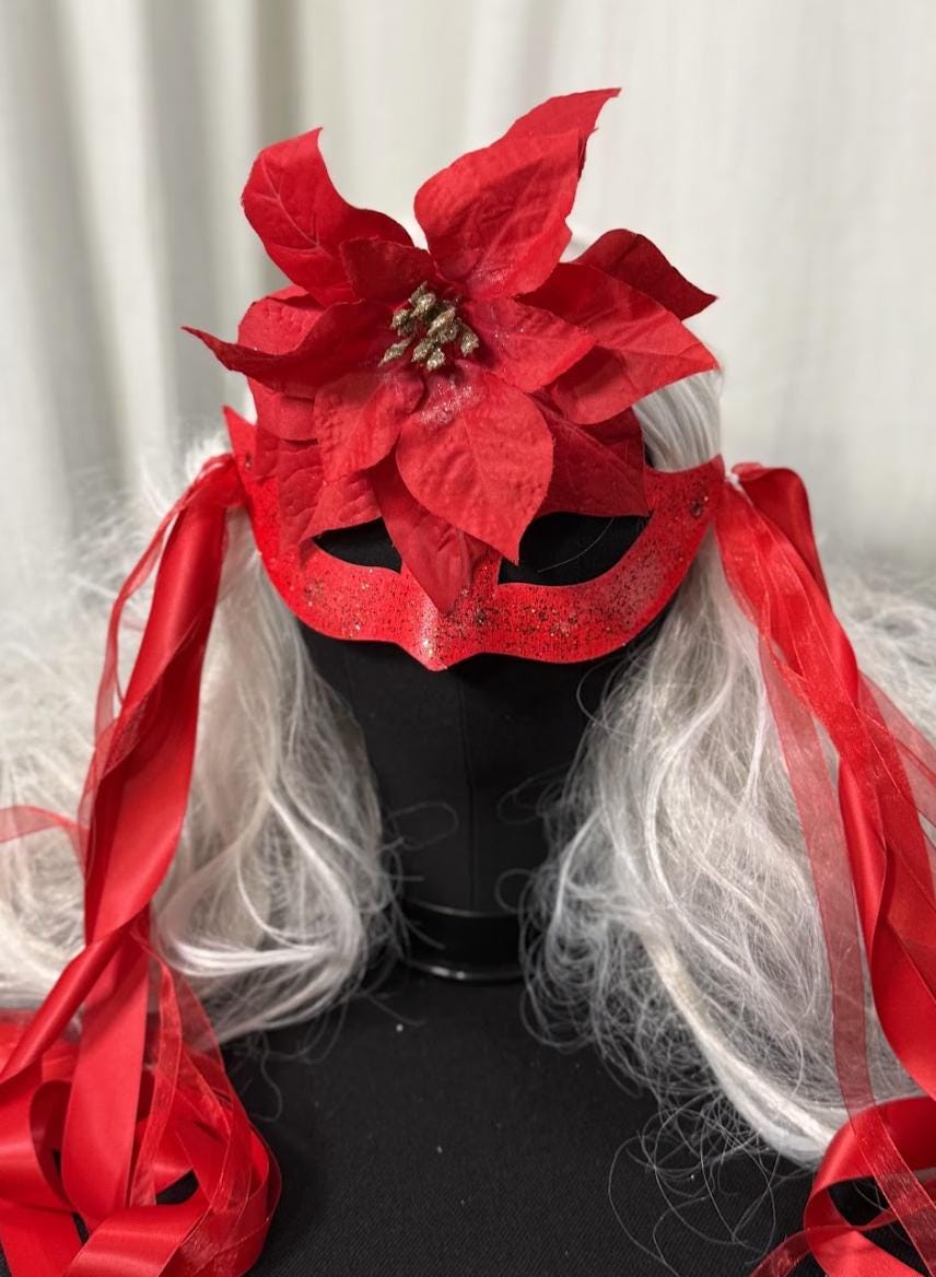 Scarlet Star Mask – Red Glitter Poinsettia Masquerade Mask – Christmas Holiday Gala Costume Mask – Elegant Winter Mask
