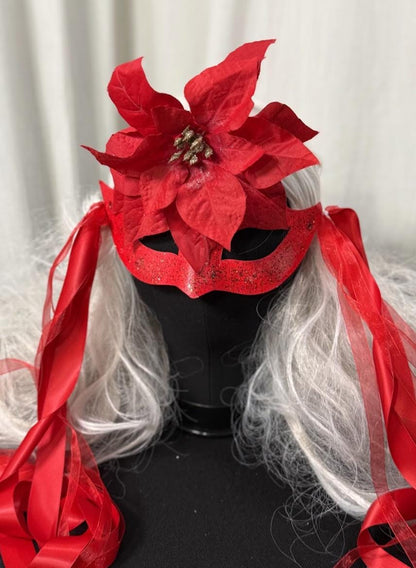 Scarlet Star Mask – Red Glitter Poinsettia Masquerade Mask – Christmas Holiday Gala Costume Mask – Elegant Winter Mask