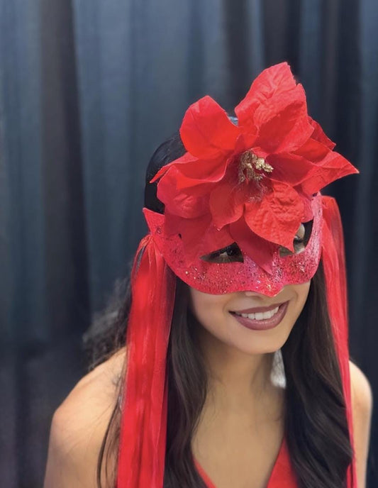 Scarlet Star Mask – Red Glitter Poinsettia Masquerade Mask – Christmas Holiday Gala Costume Mask – Elegant Winter Mask