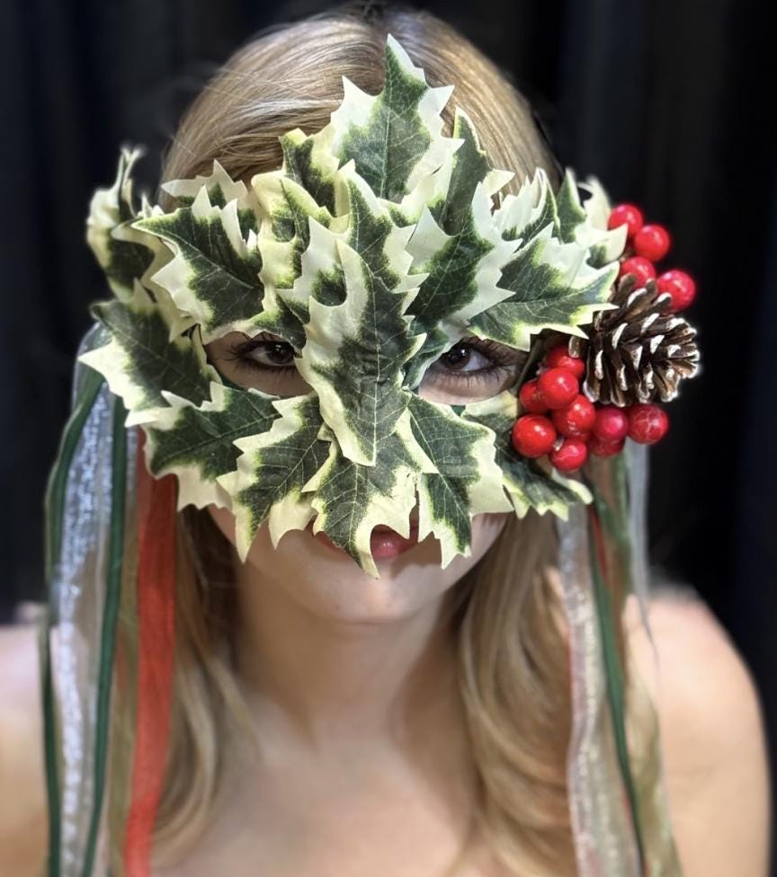 Holly Enchantress Mask – Christmas Holly Leaf Mask with Berries & Pinecone – Winter Masquerade Woodland Costume Mask