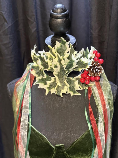 Holly Enchantress Mask – Christmas Holly Leaf Mask with Berries & Pinecone – Winter Masquerade Woodland Costume Mask