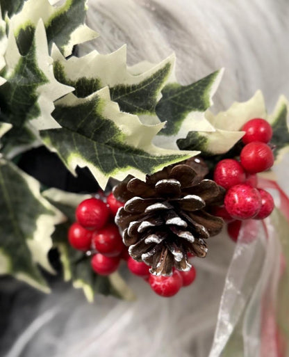 Holly Enchantress Mask – Christmas Holly Leaf Mask with Berries & Pinecone – Winter Masquerade Woodland Costume Mask