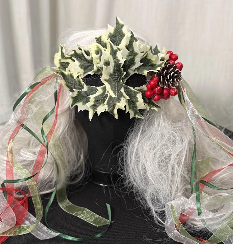 Holly Enchantress Mask – Christmas Holly Leaf Mask with Berries & Pinecone – Winter Masquerade Woodland Costume Mask