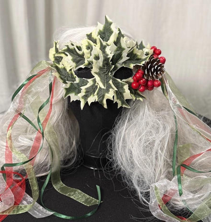 Holly Enchantress Mask – Christmas Holly Leaf Mask with Berries & Pinecone – Winter Masquerade Woodland Costume Mask