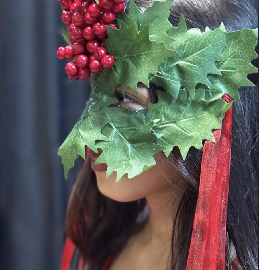 Holly Jolly Mask – Christmas Holly Berry Mask – Holiday Masquerade Winter Costume Mask – Festive Woodland Mask