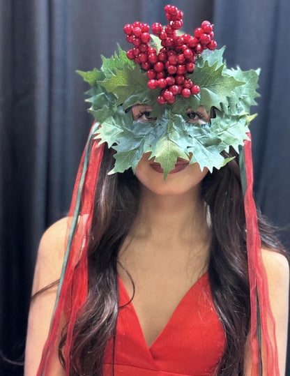 Holly Jolly Mask – Christmas Holly Berry Mask – Holiday Masquerade Winter Costume Mask – Festive Woodland Mask