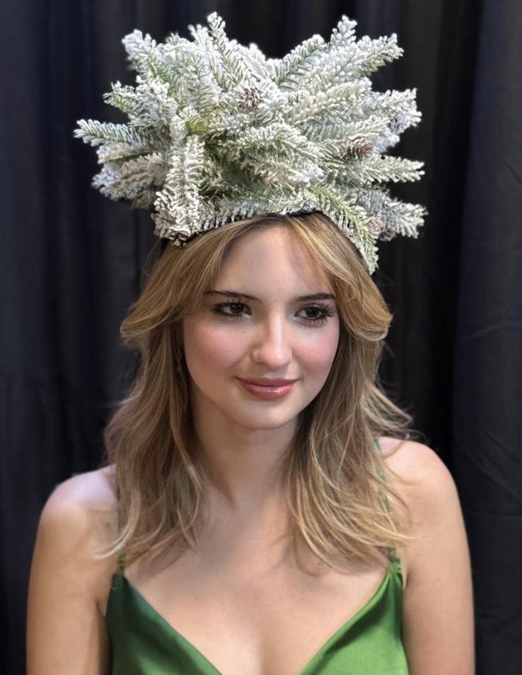 Snowfall Crown Fascinator, Winter Fascinator, Evergreen Crown, Snow Queen Crown, Holiday Headpiece, Forest Headpiece, Photoshoot Fascinator