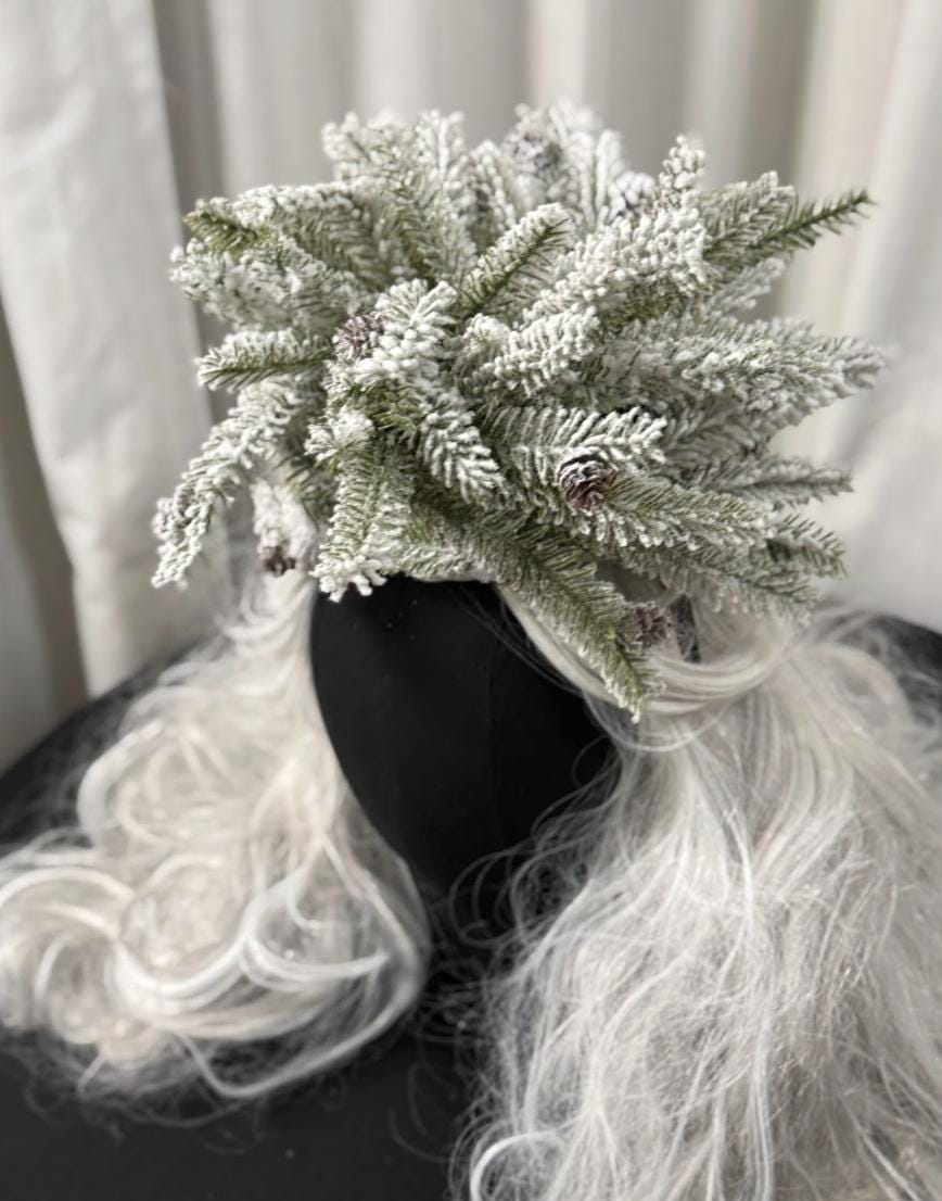 Snowfall Crown Fascinator, Winter Fascinator, Evergreen Crown, Snow Queen Crown, Holiday Headpiece, Forest Headpiece, Photoshoot Fascinator