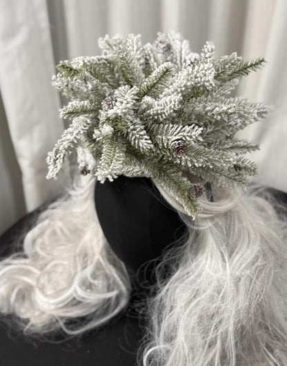 Snowfall Crown Fascinator, Winter Fascinator, Evergreen Crown, Snow Queen Crown, Holiday Headpiece, Forest Headpiece, Photoshoot Fascinator
