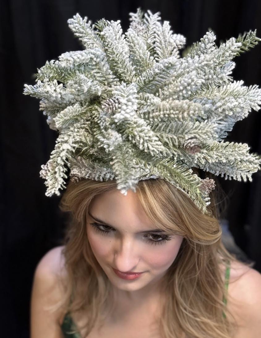 Snowfall Crown Fascinator, Winter Fascinator, Evergreen Crown, Snow Queen Crown, Holiday Headpiece, Forest Headpiece, Photoshoot Fascinator