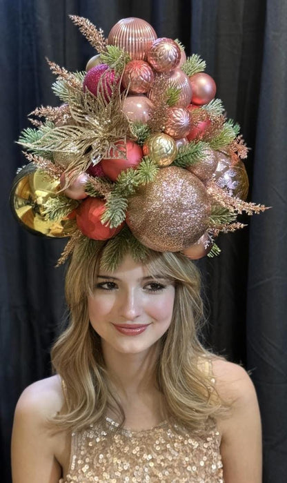Yuletide Splendor Fascinator, Christmas Ornament Crown, Holiday Fascinator, Gold Poinsettia Headpiece, Statement Crown, Winter Gala Crown
