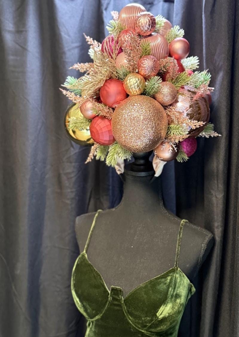 Yuletide Splendor Fascinator, Christmas Ornament Crown, Holiday Fascinator, Gold Poinsettia Headpiece, Statement Crown, Winter Gala Crown